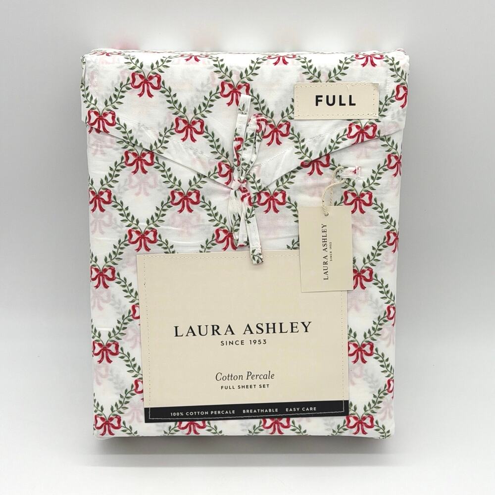 Laura Ashley Christmas Bow Trellis Red Green & White 4pc FULL Sheet Set NEW